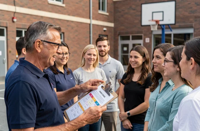 Éducateur présentant un programme d'activités pour enfants à des parents devant un centre communautaire