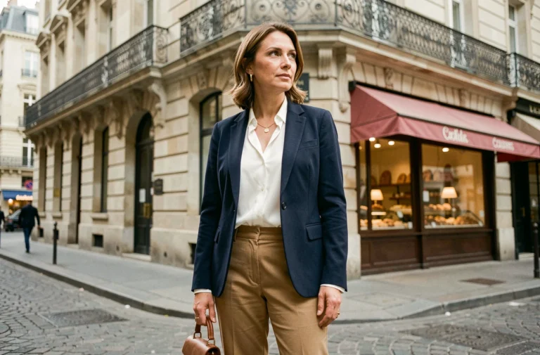 Femme élégante à la française portant un blazer marine et un pantalon camel dans une rue parisienne typique