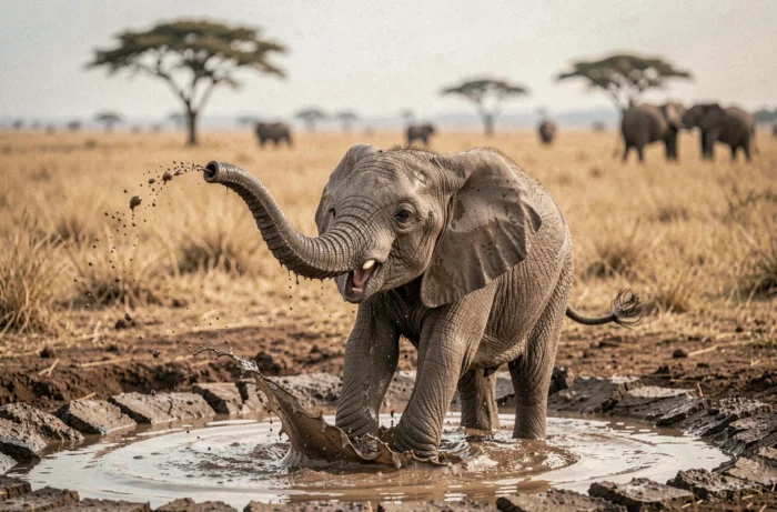 Éléphanteau jouant dans un point d'eau boueux en savane africaine, scène animale touchante et insolite