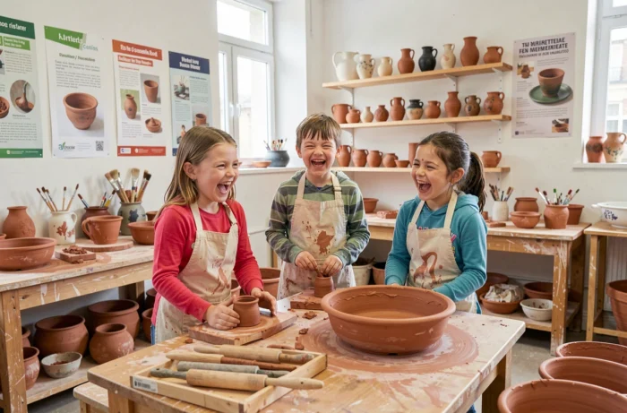 Enfants participant à un atelier de poterie découvert via un annuaire d'activités pour jeunes