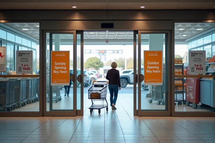 Entrée d'un magasin de Dancharia avec horaires d'ouverture affichés le dimanche
