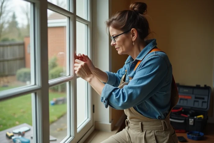 Femme inspectant le joint d'une fenêtre pour l'entretien préventif de sa maison