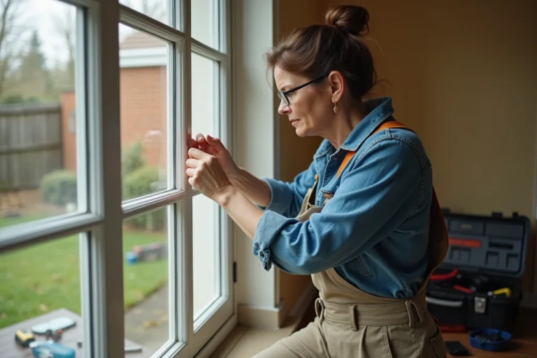 Femme inspectant le joint d'une fenêtre pour l'entretien préventif de sa maison