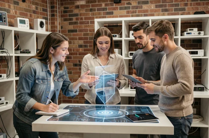 Groupe de jeunes professionnels collaborant autour d'une table holographique dans un laboratoire d'innovation technologique