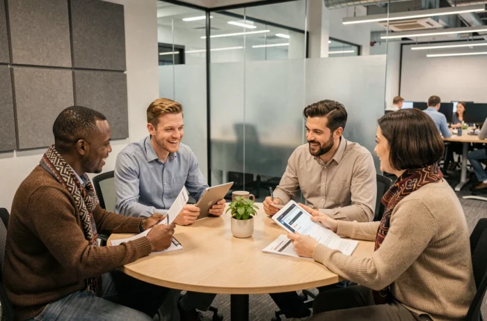 Équipe professionnelle en réunion de travail discutant des outils et stratégies de communication interne en entreprise