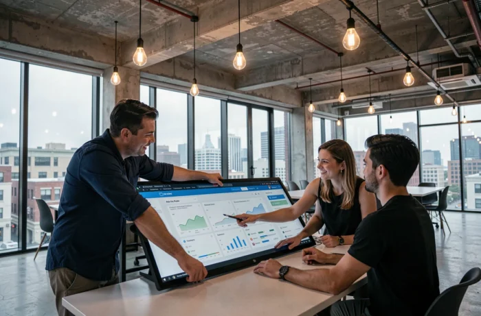 Groupe de professionnels collaborant autour d'un écran tactile pour une formation numérique innovante dans un espace coworking