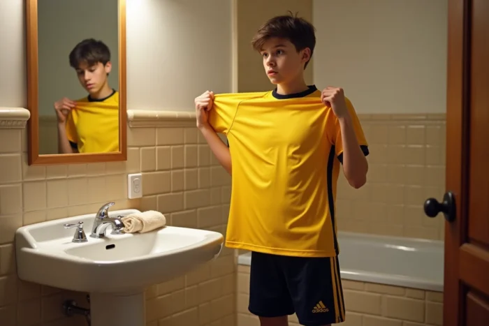 Adolescent essayant un maillot de football trop grand devant un miroir de salle de bain
