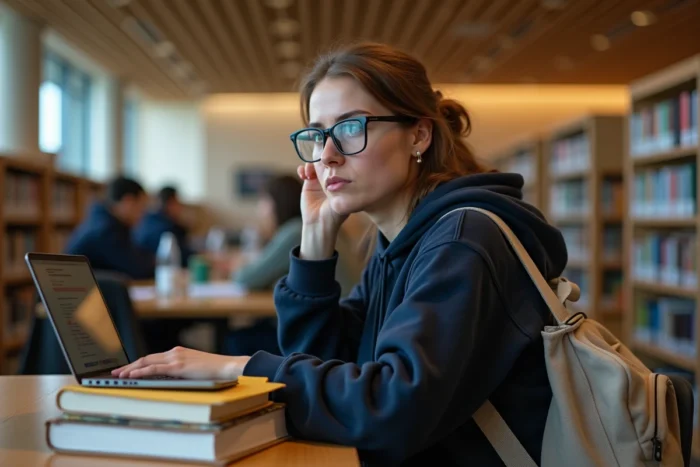 Jeune femme en bibliothèque universitaire vérifiant discrètement son écran face aux risques du téléchargement illégal en France