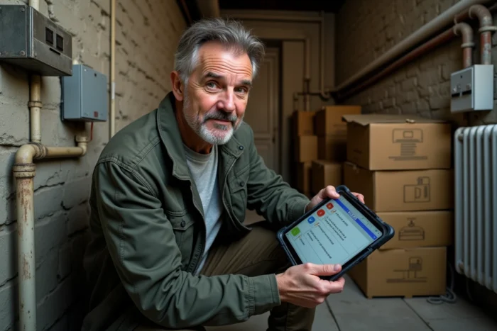 Expert en diagnostic immobilier inspectant une cave ancienne avec un logiciel de détection sur tablette numérique