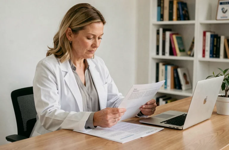 Professionnelle de santé analysant des avis patients sur les compléments alimentaires Acthéane dans un cabinet médical moderne