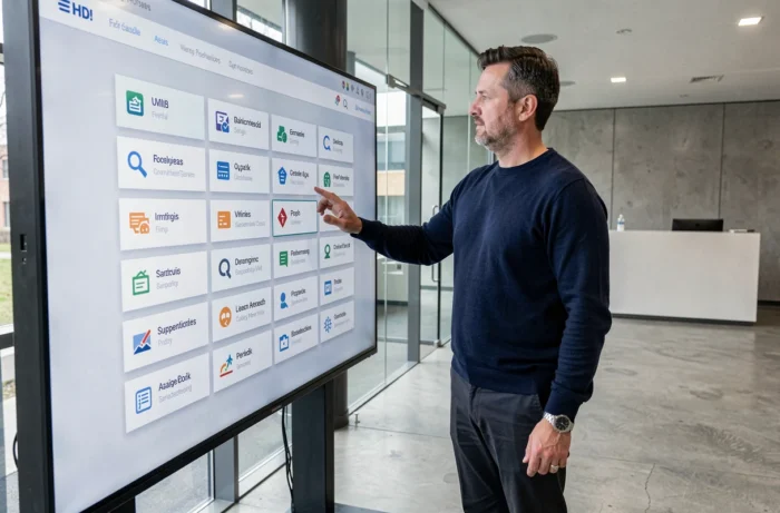 Homme explorant les rubriques et services d'un site web sur un écran interactif en entreprise