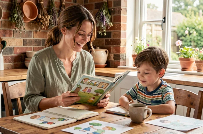 Mère et fils partageant un moment de lecture épanoui autour d'une table de cuisine familiale chaleureuse