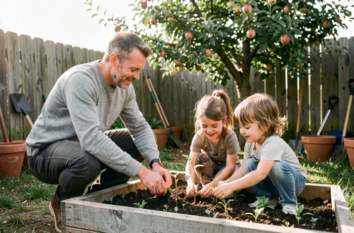 Père et ses filles jardinent ensemble dans un potager familial épanoui en plein air