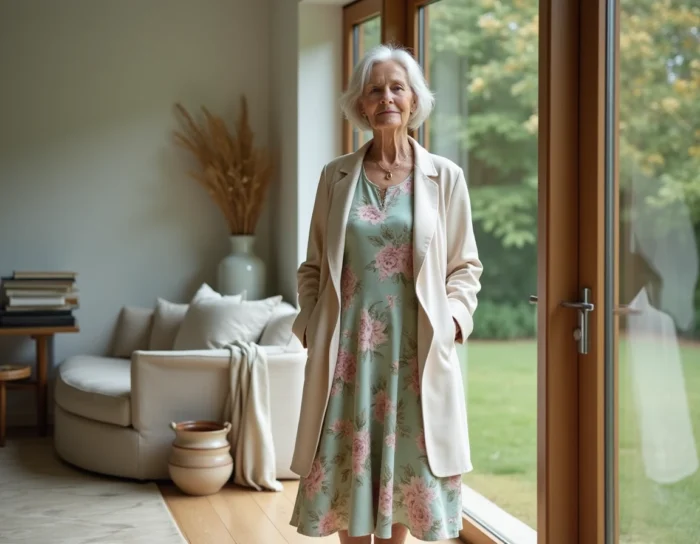 Femme de 80 ans en robe fleurie mi-longue et blazer lin debout dans un intérieur moderne et lumineux avec vue sur jardin