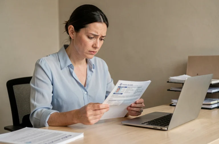 Femme consultant des documents de demande de visa à son bureau à domicile pour annuler une demande TLScontact