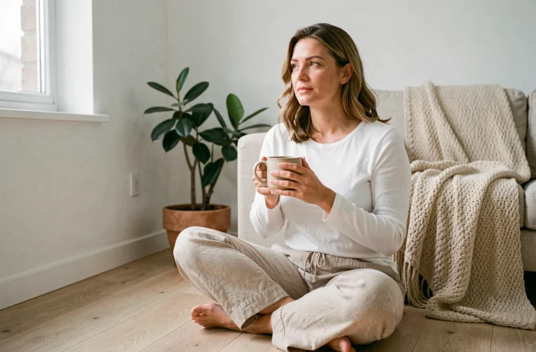Femme sereine tenant une tasse dans un salon minimaliste, illustrant le bien-être quotidien et la pleine conscience