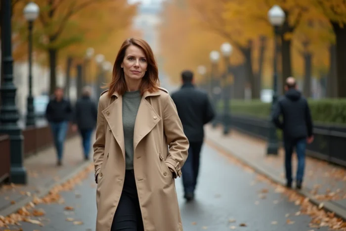 Femme en trench coat beige marchant sur un boulevard parisien en automne, ambiance naturelle et élégante