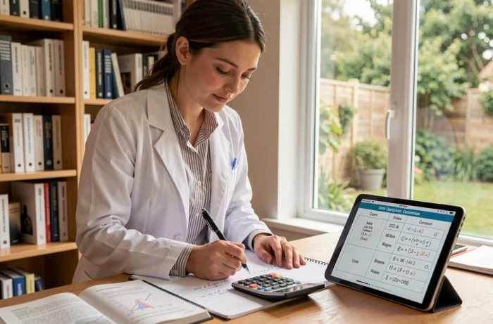 Femme scientifique calculant la conversion de mètres carrés en litres avec des formules manuscrites et une calculatrice dans un bureau