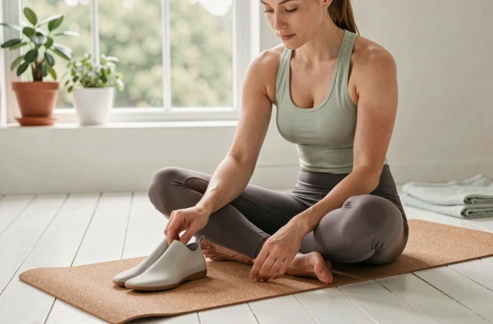 Femme en tenue de yoga examinant des chaussures de yoga minimalistes sur un tapis en liège dans un studio à domicile lumineux