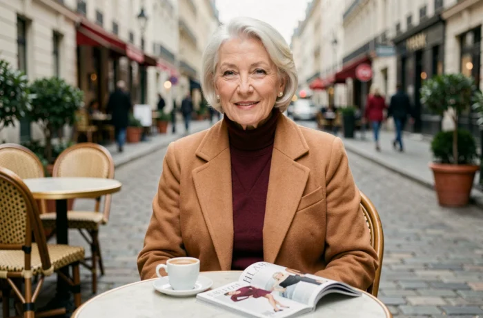 Femme stylée aux cheveux blancs courts en manteau camel assise à une terrasse de café parisien avec un magazine de mode