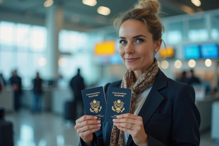 Femme à un comptoir d'enregistrement d'aéroport comparant deux passeports avec des noms différents avant son vol