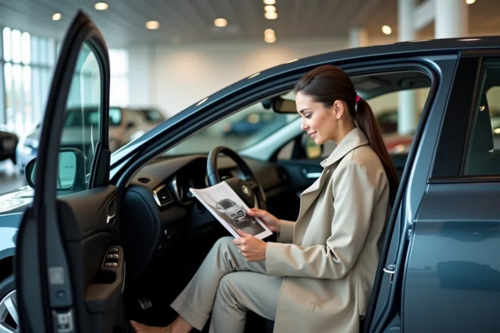 Femme consultant une brochure automobile assise dans une voiture compacte dans une concession moderne