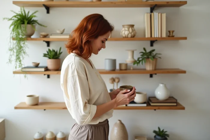 Femme arrangeant des objets décoratifs sur des étagères en bois dans un intérieur lumineux aux accents naturels et artisanaux