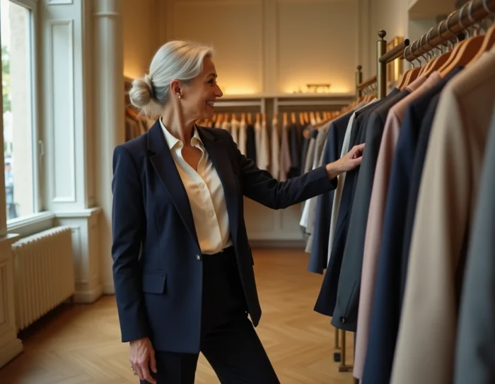 Femme élégante de 75 ans en veste marine et blouse ivoire faisant du shopping dans une boutique parisienne raffinée