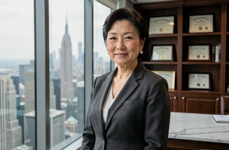 Femme élégante d'origine japonaise-américaine en blazer gris dans un bureau luxueux avec vue sur Manhattan, symbolisant discrétion et pouvoir dans la finance