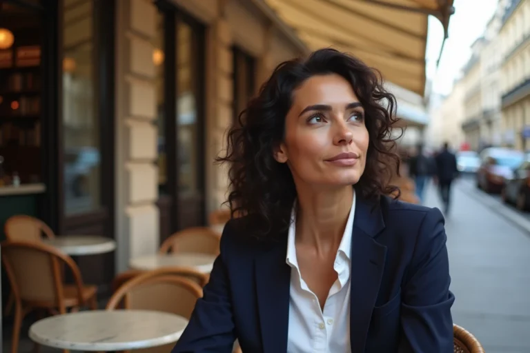 Femme élégante aux cheveux bouclés assise en terrasse de café parisien, regard pensif, style éditorial