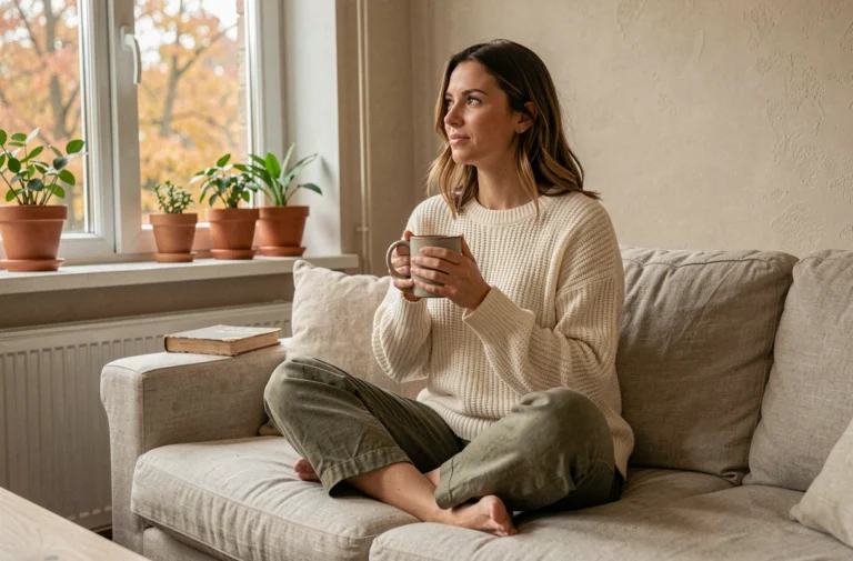 Femme épanouie dans son salon cosy tenant une tasse de thé, moment de bien-être au quotidien