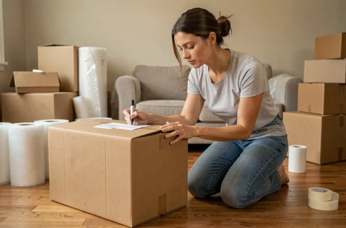 Femme organisant ses cartons de déménagement en écrivant des étiquettes dans un salon en cours de vidage