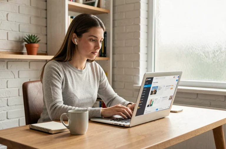 Jeune femme concentrée suivant une formation digitale sur son ordinateur portable dans un bureau moderne à domicile