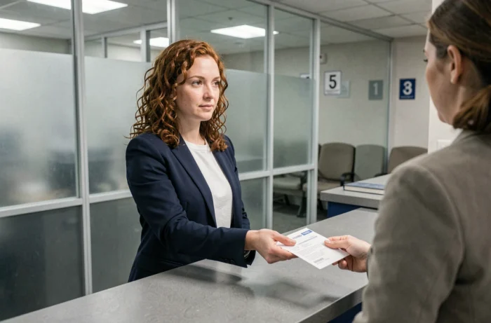 Femme remettant des documents au guichet d'un centre de visa TLScontact pour annuler une demande en personne