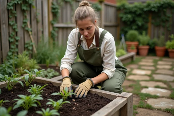 Femme jardinant naturellement dans un potager en bois au printemps, transplantant des plants de tomates dans un sol riche en compost