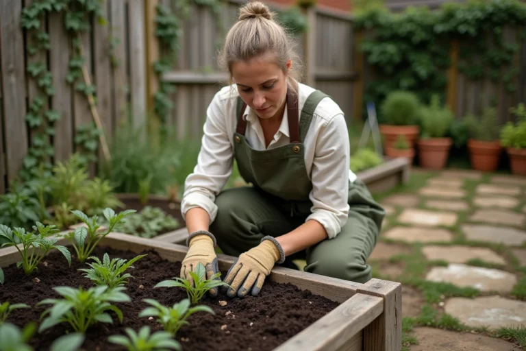 Femme jardinant naturellement dans un potager en bois au printemps, transplantant des plants de tomates dans un sol riche en compost