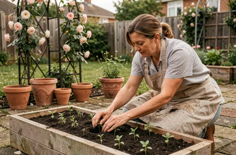 Femme jardinière replantant des herbes aromatiques dans un potager surélevé en bois entouré de pots en terre cuite et d'une treille en fer