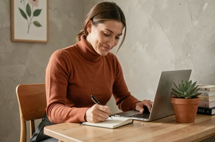 Jeune femme écrivant dans son journal intime à son bureau, routine bien-être et développement personnel