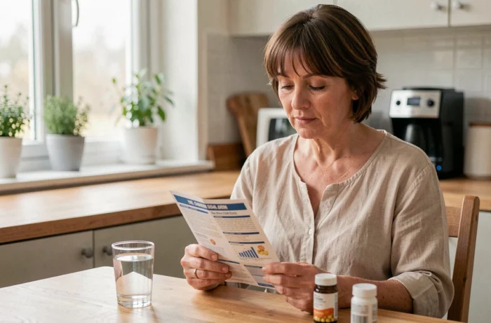 Femme d'âge mûr lisant les informations sur un complément alimentaire Acthéane dans sa cuisine