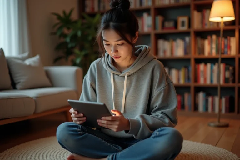Jeune femme lisant des webtoons sur sa tablette dans un salon cosy entouré de mangas