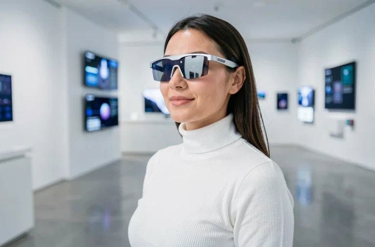 Femme portant des lunettes de réalité augmentée dans un showroom technologique moderne aux surfaces épurées