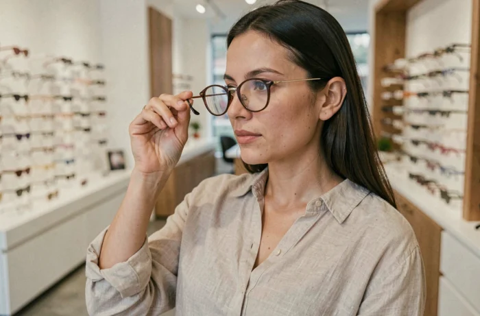 Femme inspectant des lunettes sans ordonnance dans une boutique d'optique moderne