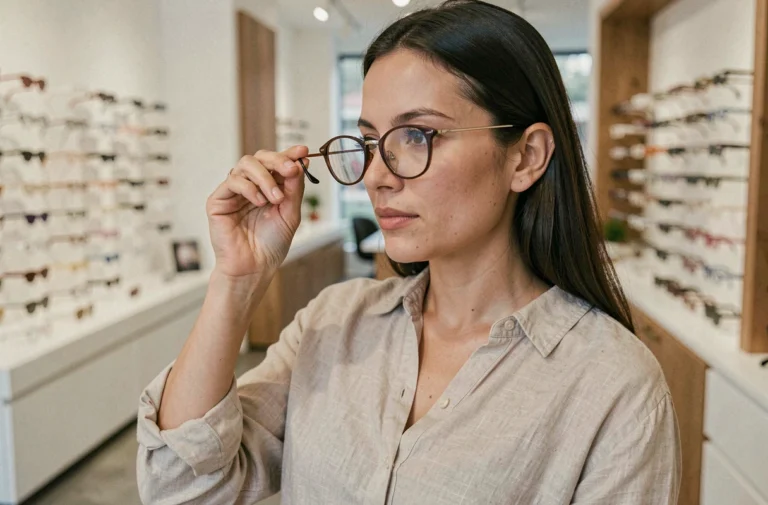 Femme inspectant des lunettes sans ordonnance dans une boutique d'optique moderne