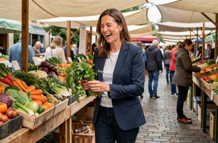 Femme épanouie faisant son marché, mode de vie sain et équilibré au quotidien