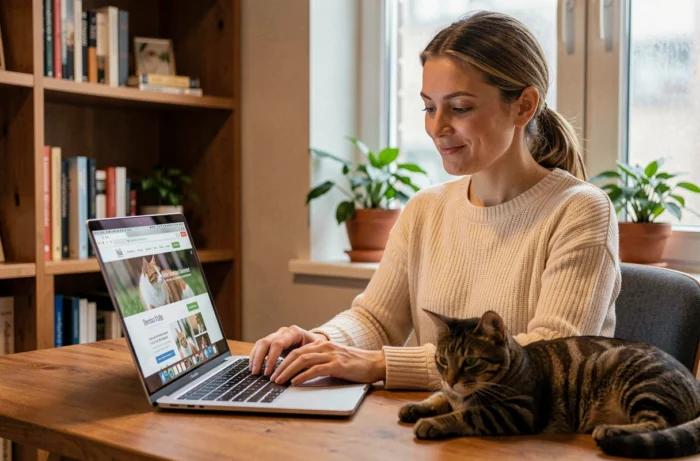 Femme consultant un site web animalier sur un ordinateur portable avec son chat tabby dans un bureau cosy