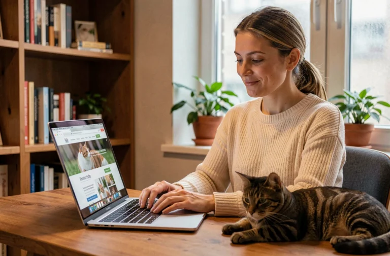 Femme consultant un site web animalier sur un ordinateur portable avec son chat tabby dans un bureau cosy