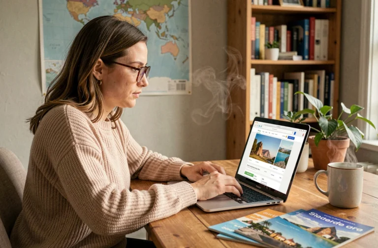 Femme consultant une plateforme de voyage en ligne sur son ordinateur portable dans un bureau à domicile chaleureux