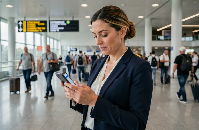 Femme professionnelle consultant une facture sur smartphone dans un aéroport moderne lors d'un déplacement d'affaires