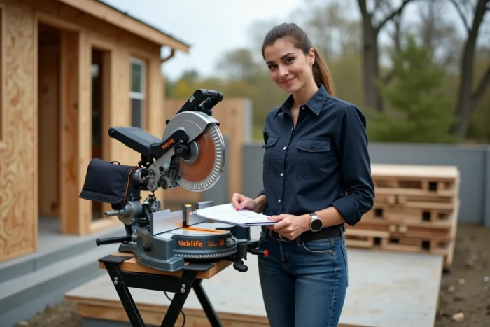 Femme professionnelle du bâtiment travaillant avec une scie à onglet Tacklife PMS03A sur un chantier de rénovation résidentiel en extérieur
