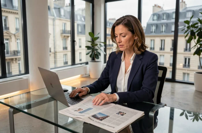 Femme professionnelle consultant des sources d'information business sur un ordinateur portable et un journal financier dans un bureau parisien moderne